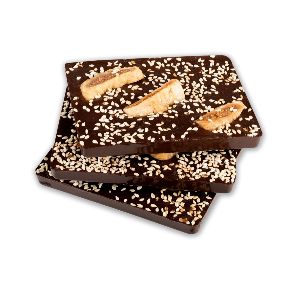 Handgemachte Bitterschokolade mit Feigen, Sesam & Zimt 90g