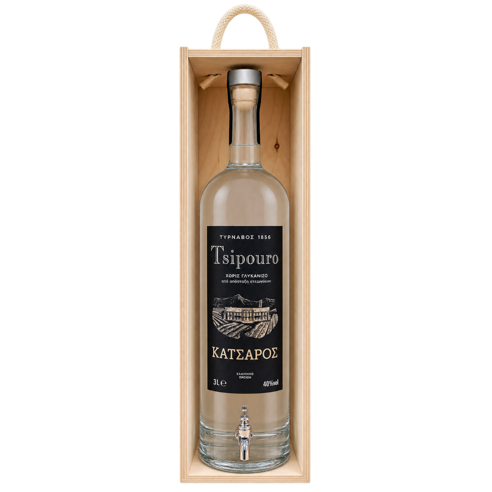 Tsipouro Tirnavou ohne Anis in Holzbox "Katsaros" 3L